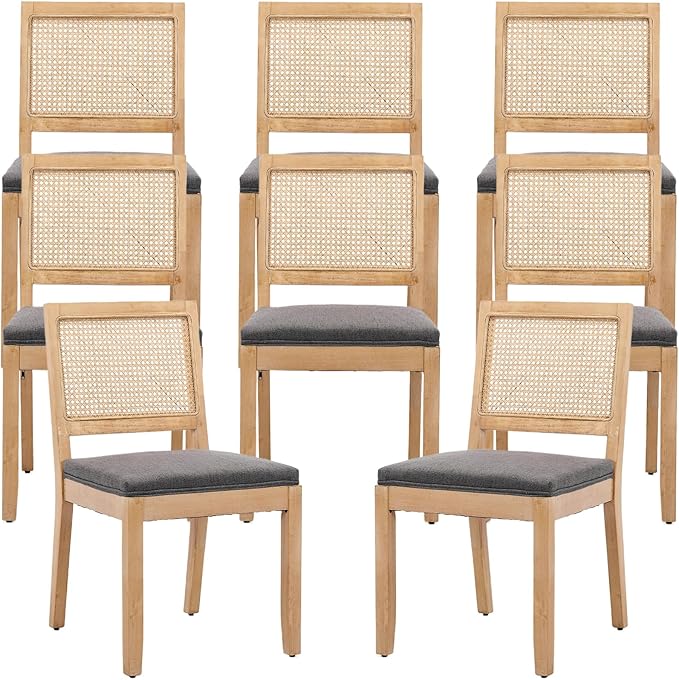 French Country Dining Chairs Set of 8, Grey Kitchen & Dining Room Chairs Set of 8, Rattan Dining Chairs, Cane Low Back, Wood Legs, Sillas De Comedor (Rattan, Gray, 8Pcs)