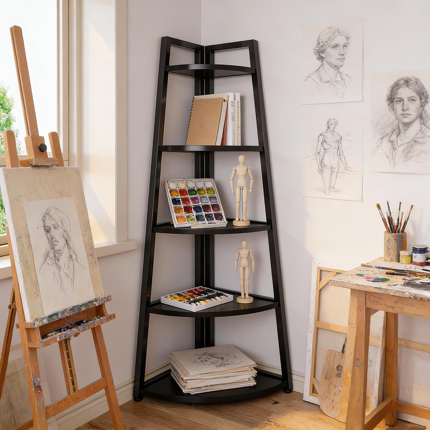 BIGTO Tall Ladder Display Shelf 16.55"*15"*69.3", Black Metal Corner 5-Tier Bookshelf Home Furniture