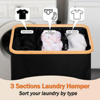 efluky Laundry Hamper with Lid, Trio Laundry Hamper with 3 Removable Bags, 3 Section Laundry Basket with Bamboo Handles for Bathroom, Bedroom & Laundry Room, 160L Black