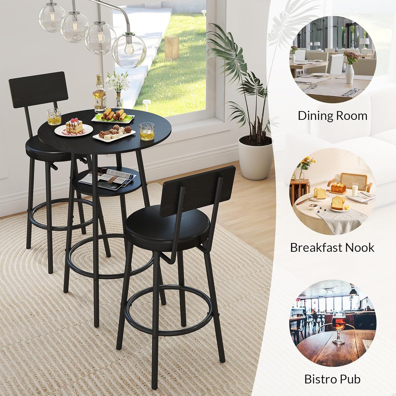 Zevemomo 3 Pieces Bar Table and Chairs Set Pub Table and Chairs for 2-Black | Bistro Table and Chairs Set of 2, Round Bar Table Set with 2 Thickened Cushion Stools & Backrest, Dining Table set for 2
