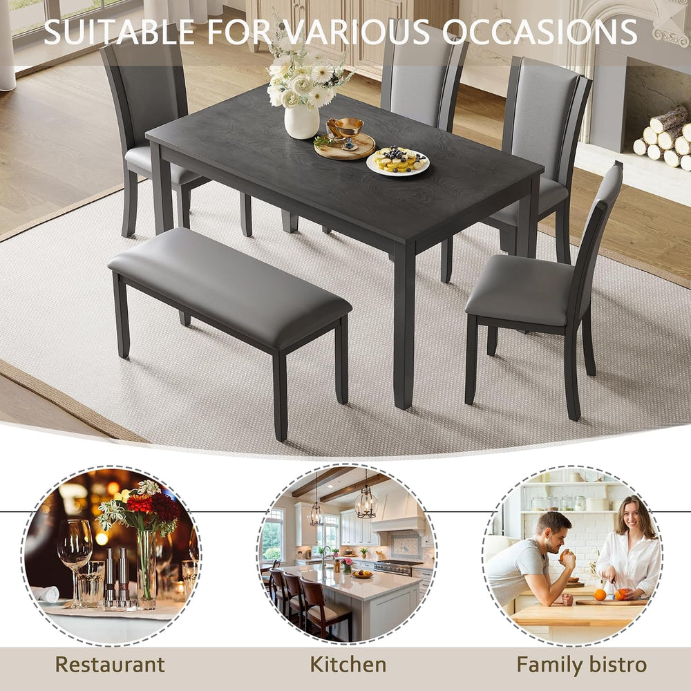 6-Piece Dining Table Set with Bench and Chairs - Solid Wood Kitchen Dining Ro...