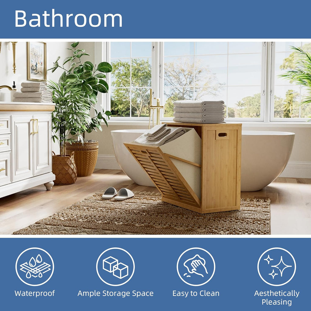 HITNET Tilt Out Laundry Hamper, Bamboo Laundry Cabinet with Hidden Removable Basket, Freestanding Clothes Storage organizer for Bedroom, Bathroom, Living Room, Natural