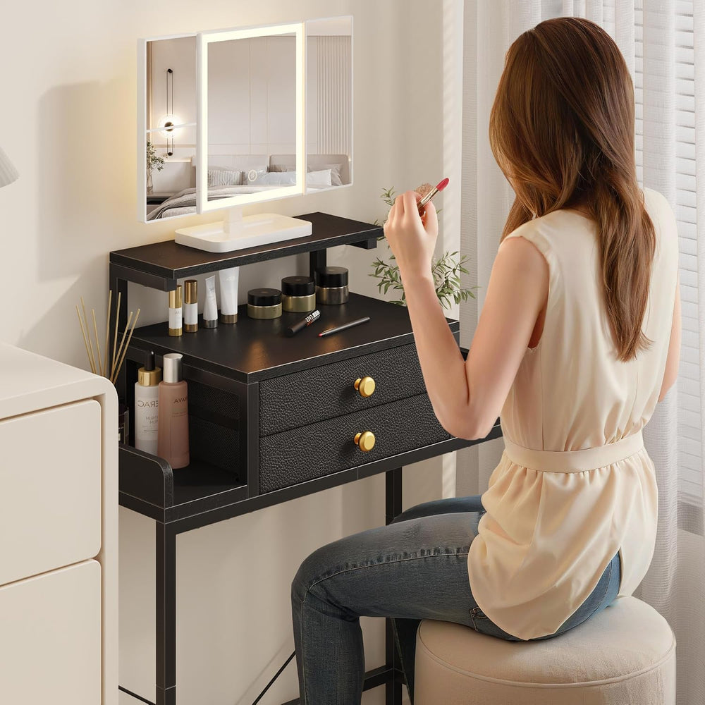 HIGDBFE Vanity Desk with Mirror and Lights 28.4''W Small Makeup Vanit...