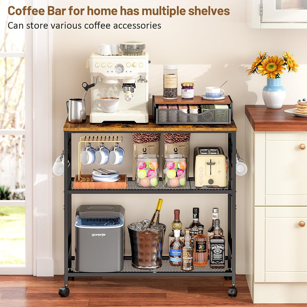 3 Tier Rolling Kitchen Microwave Cart, 33 Inch Microwave Table Stand with Adjustable Shelf, Kitchen Storage Island Utility Cart on Lockable Wheels, Bakers Rack Coffee Bar for Living Room, Office