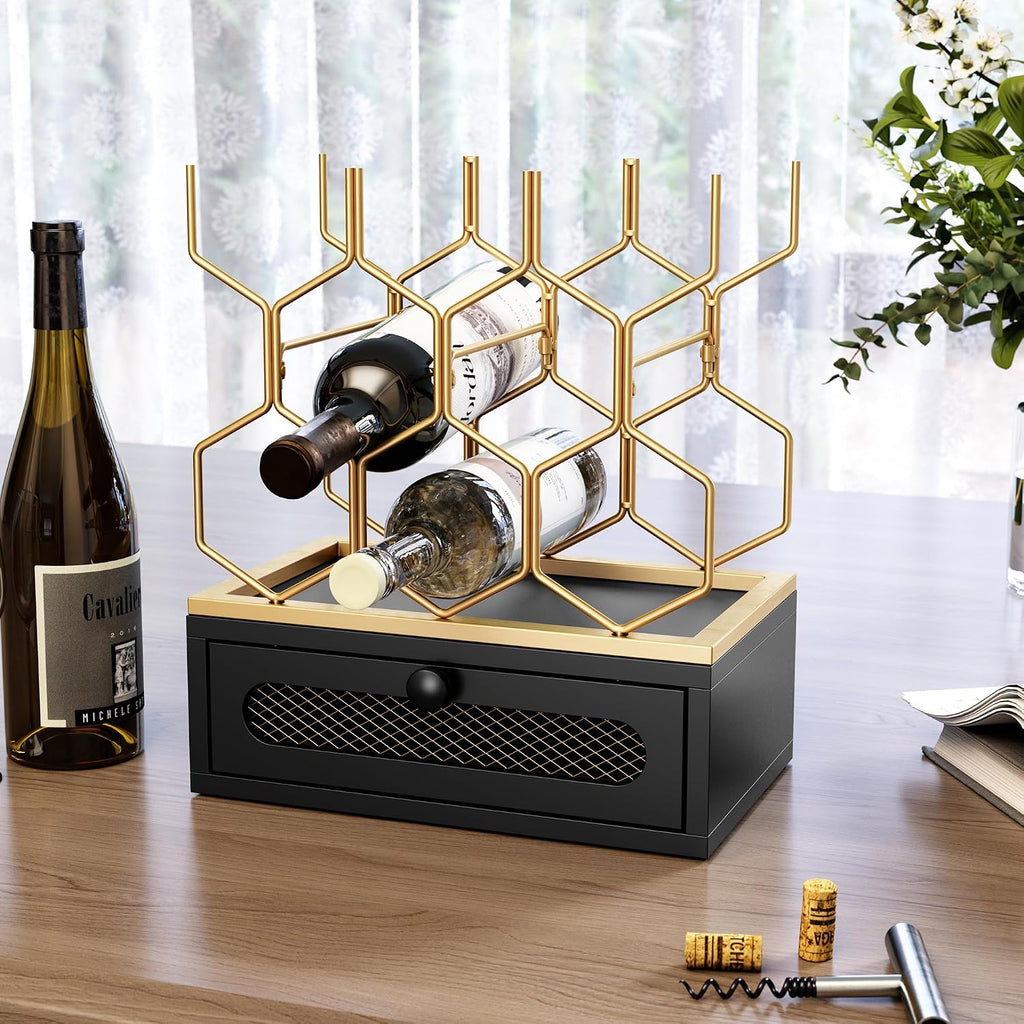 HOLTICO Countertop Wine Rack with Drawer, 8-Bottle Black & Gold Wine Holder | Black Gold Vintage Hexagon Metal Wine Holder and Bottle Rack, Vintage Small Wine Storage Racks for Tabletop, Kitchen, Bar