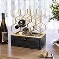 HOLTICO Countertop Wine Rack with Drawer, 8-Bottle Black & Gold Wine Holder | Black Gold Vintage Hexagon Metal Wine Holder and Bottle Rack, Vintage Small Wine Storage Racks for Tabletop, Kitchen, Bar