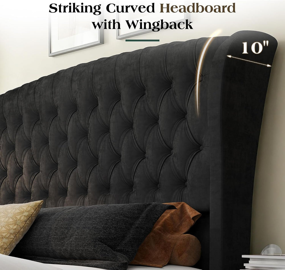 LUXOAK King Size Upholstered Sleigh Bed Frame with Tufted Headboard