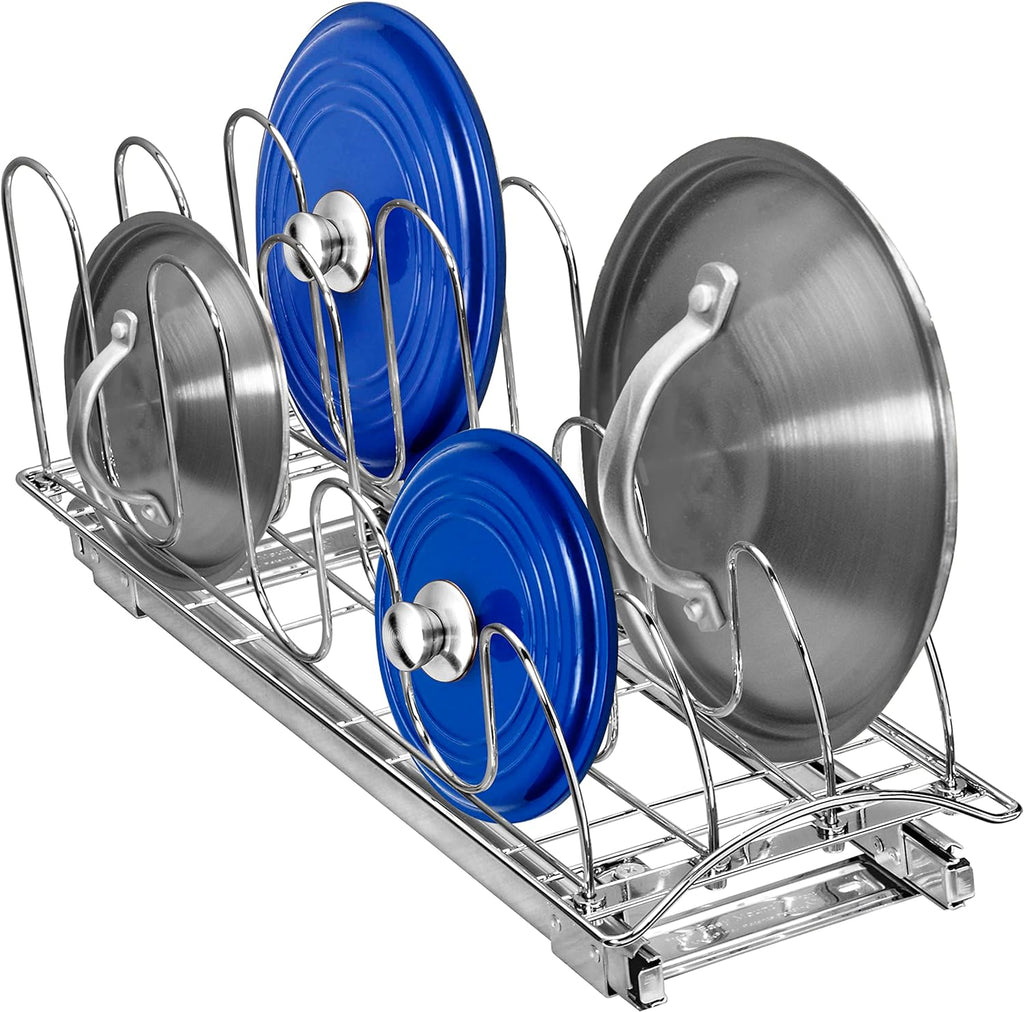 LYNK PROFESSIONAL® Pull Out Pot Lid and Cookie Sheet Organizer Rack for Cabinet - Lifetime Ltd. Warranty - Sliding Kitchen Organizers – Pans, Pots, Lids, and Tray Storage - 7.25 wide x 21 inch, Chrome