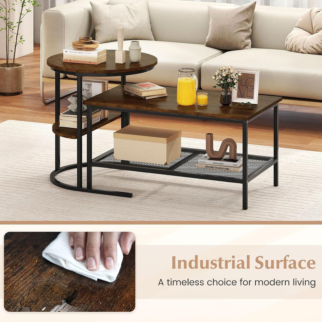GOFLAME Nesting Coffee Table Set of 2, 2 PCS Nesting Tables with Wood Top and Extra Storage Shelf, Modern Round End Table & Rectangular Coffee Tables for Living Room, Bedroom, Rustic Brown+Black