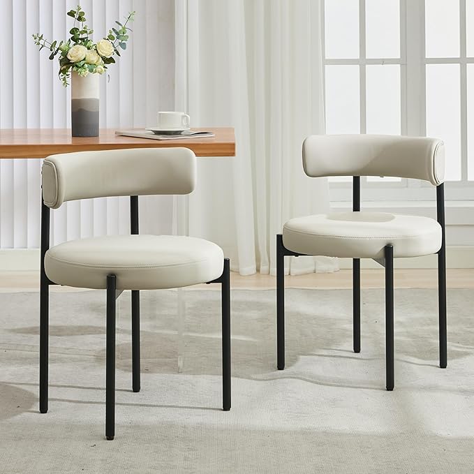 Faux Leather Dining Chairs Set of 4, Mid Century Modern Dining Room Chairs with Barrel Backrest, Upholstered Kitchen Chairs for Dining Room, Restaurant, Beige Grey