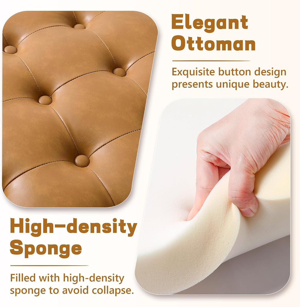 30-Inch Round Storage Ottoman, Leather Ottoman (Bright Orange) | Button Tufte...