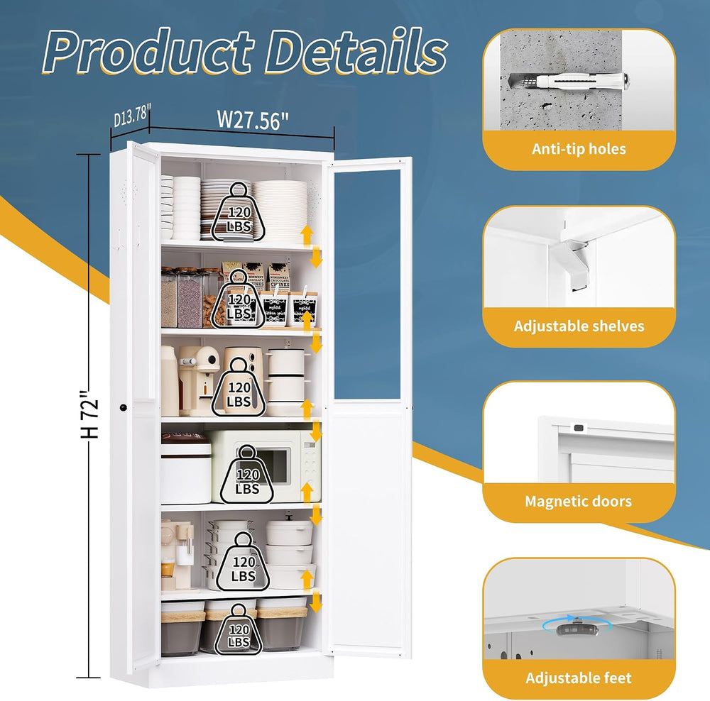 Kitchen Pantry Cabinet, 72" H Storage Cabinet with Glass Doors and Adjus...