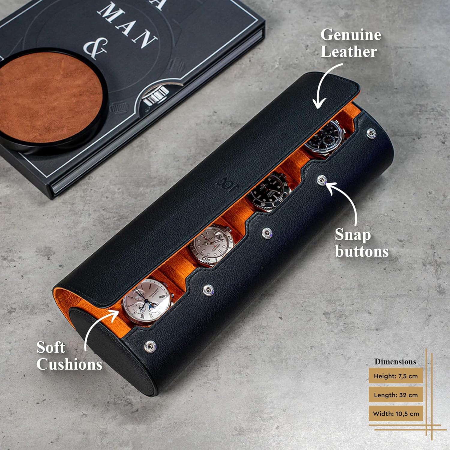 DailyWatch | Watch Roll Travel Case For 4 Watch | Luxury Watch Case In Genuine Black Leather With Soft Velvet Interior | Watch Case Protect, Store, & Display Your Watches | Black Orange