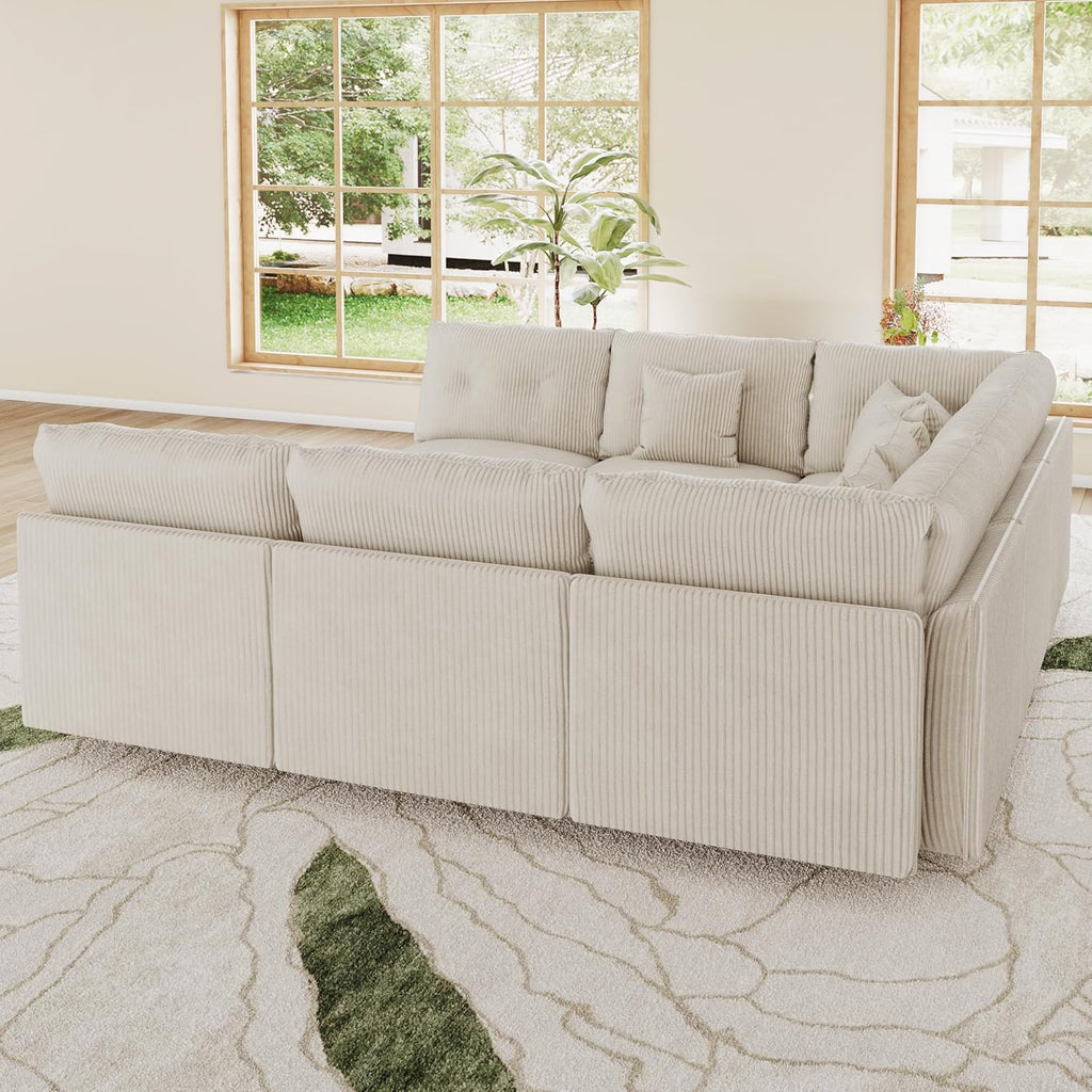 LLappuil 137" Modular Sectional Sofa with Storage, 9 Seater Corduroy U Shaped Couch with 9 Throw Pillows, Convertible Sofas for Living Room, Pet-Friendly, Scratch Resistant, Reconfigurable, Beige