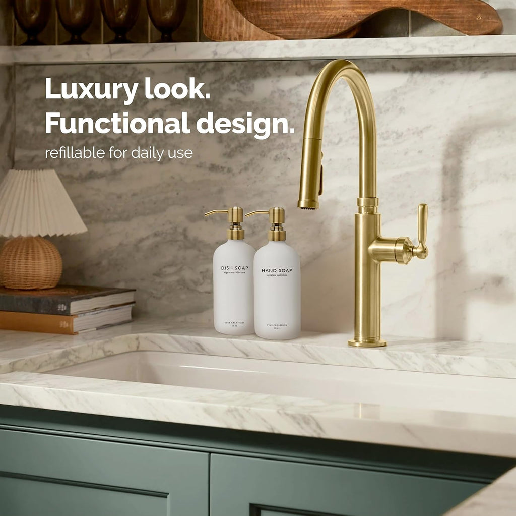 Vine Creations White Glass Soap Dispenser Set, Dish Soap and Hand Soap Dispenser Set with Stainless Steel Pump, 16 oz Glass Dispensers for Kitchen or Bathroom Decor (Matte White Bottle/Brushed Brass)