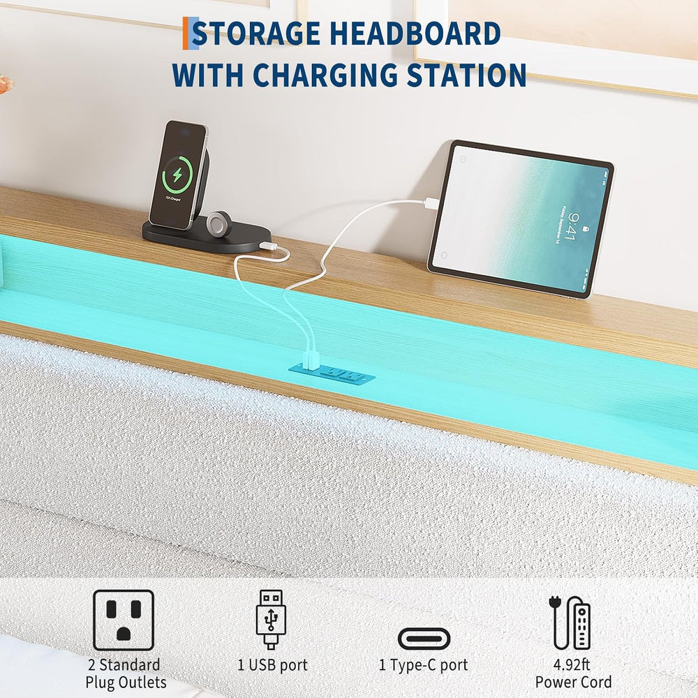 Patikuin LED Lighting & Storage Headboard Boucle Platform Bed Frame – Que...