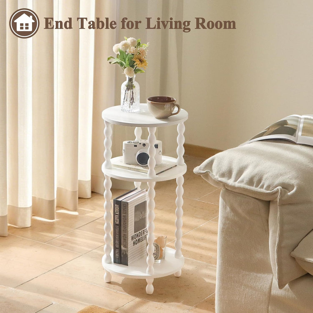 AWASEN Small Round Side Table, White End Table with 3-Tier Open Shelf for Sma...