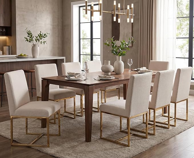 CIMOTA Modern Dining Chairs Set of 8, Upholstered Dining Room Chairs Armless Guest Side Chair with Gold Base for Dining Room/Kitchen, Beige, 8PCS