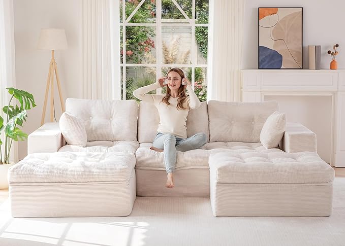 MAXYOYO 104" U Shaped Modular Sectional Sofa with 2 Ottomans, Cloud Boneless Couch with Layered Cushion, Flexible Module Combination Sofa for Living Room, No Assembly Required, Beige
