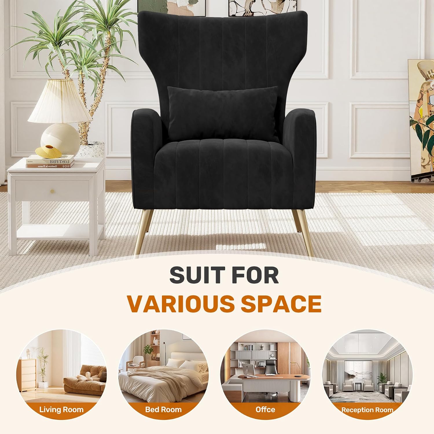Luxanimarion Velvet Accent Chair Wingback for Living Room, High Back Arm Chair with Golden Legs Lumbar Pillow, Upholstered Single Sofa Bedroom Black