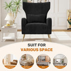 Luxanimarion Velvet Accent Chair Wingback for Living Room, High Back Arm Chair with Golden Legs Lumbar Pillow, Upholstered Single Sofa Bedroom Black