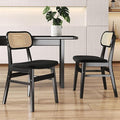 Black Rattan Dining Chairs Set of 2 Lambswool Dining Room Chairs Natural Wooden Kitchen Chairs Farmhouse Boho Side Chairs