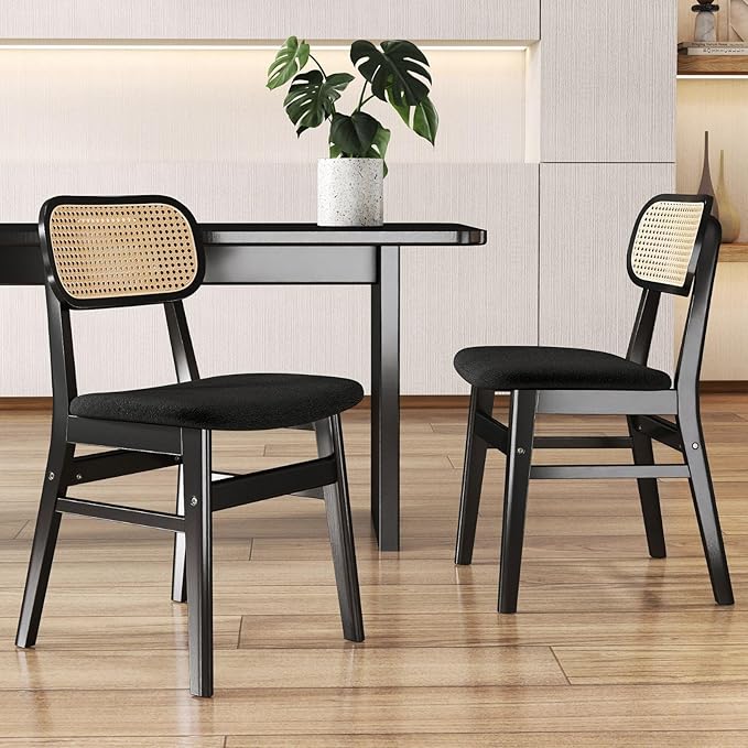 Black Rattan Dining Chairs Set of 2 Lambswool Dining Room Chairs Natural Wooden Kitchen Chairs Farmhouse Boho Side Chairs