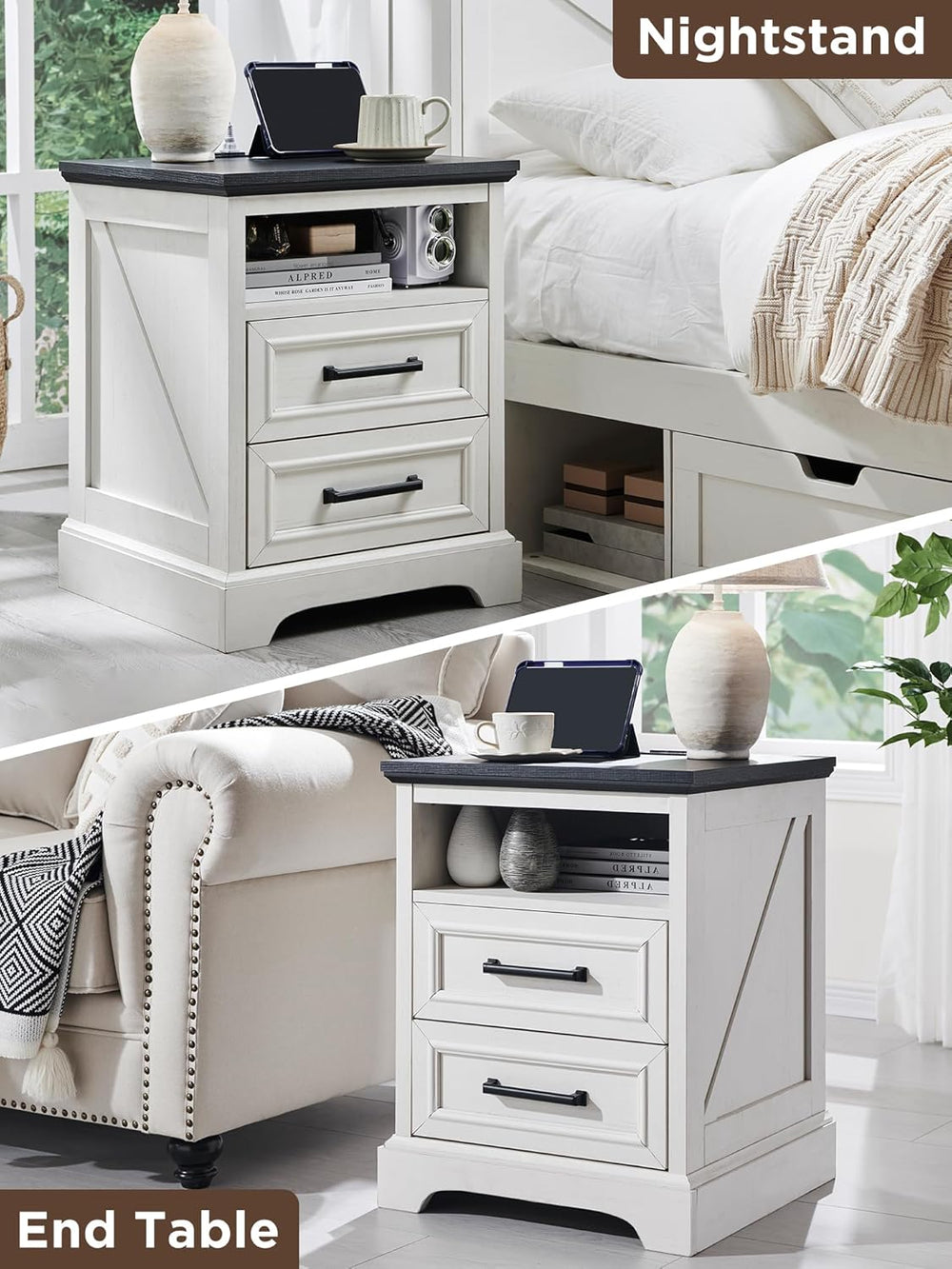 ACCOHOHO 18" Farmhouse Nightstand Set of 2 with Charging Station,End Tab...