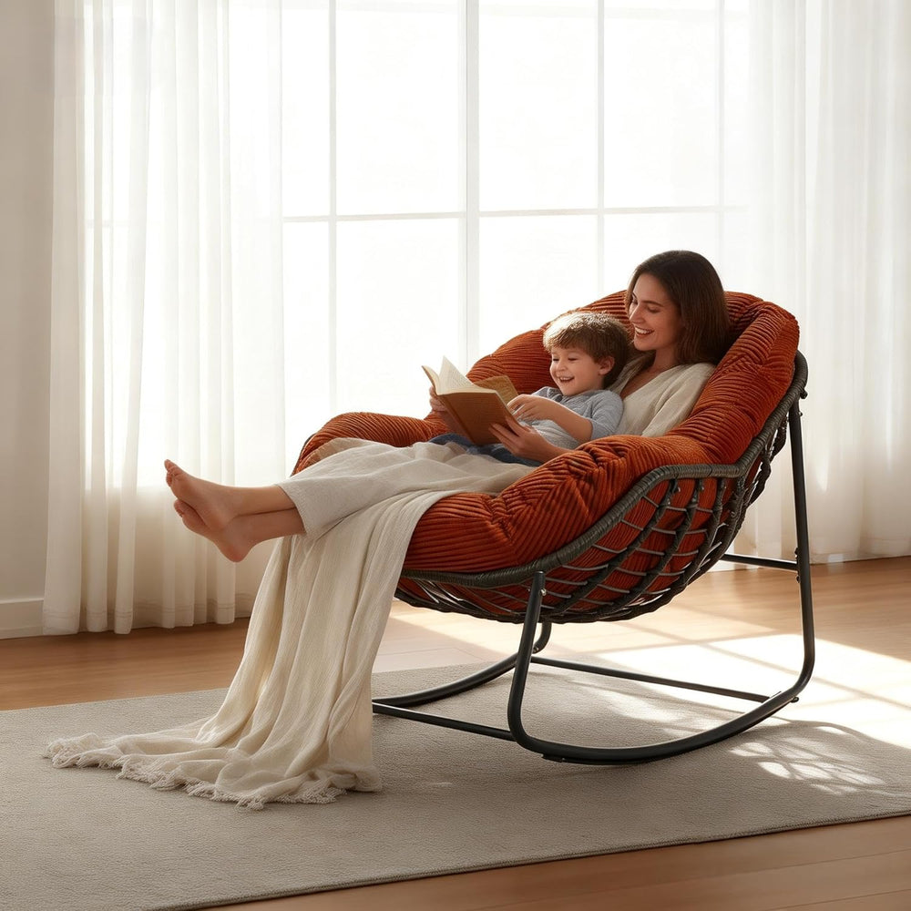 Oversized Outdoor Papasan Rocking Chair with Soft Cushion, Comfy Patio Egg Ch...