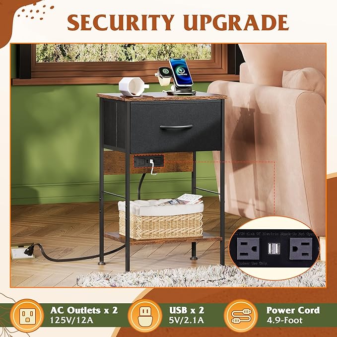 WLIVE Nightstand with Charging Station, Night Stand with 1 Fabric Drawer and ...