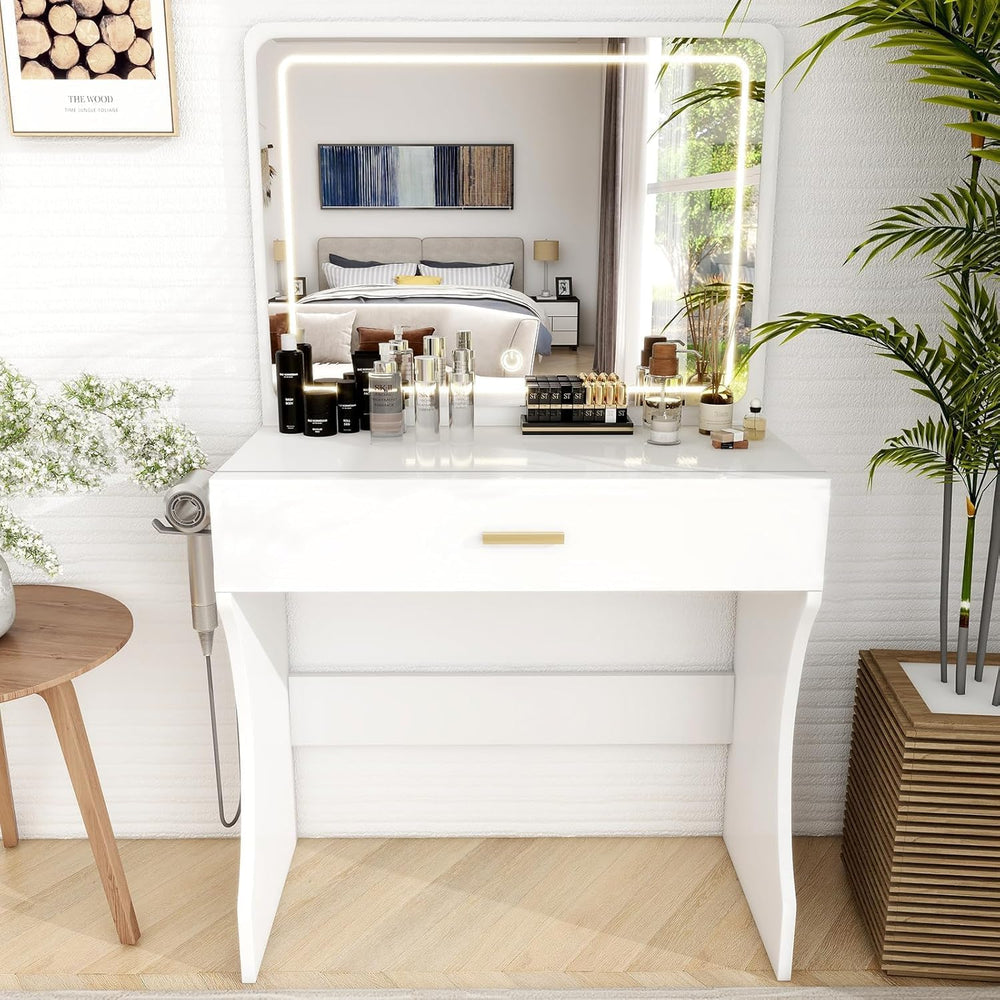 Vanity Desk, Makeup Vanity with LED Light Mirror, Small White Vanity with a S...