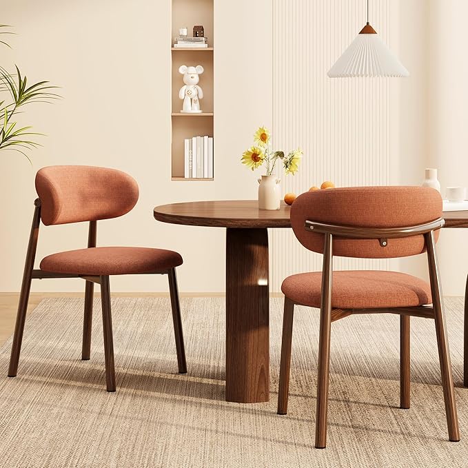 Kitchen Dining Chairs Set of 6 Modern Soft Linen Farmhouse Dining Room Chair with Metal Legs, Orange/Walnut