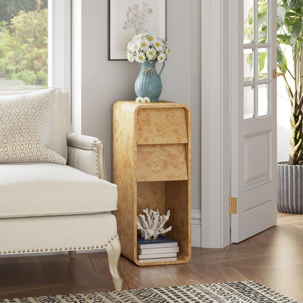 Aoikax Modern Burl Finish End Table with 2 Drawers and Open Storage, Curved W...