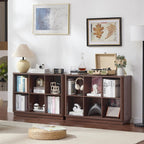 6 Cube Storage Bookcase, 40" Wide Low Horizontal Book Shelf with Curved Edge, Wood Floor Standing 2-Tier Bookshelf with Base, Farmhouse Short Book Case for Bedroom, Living Room, Office, Walnut