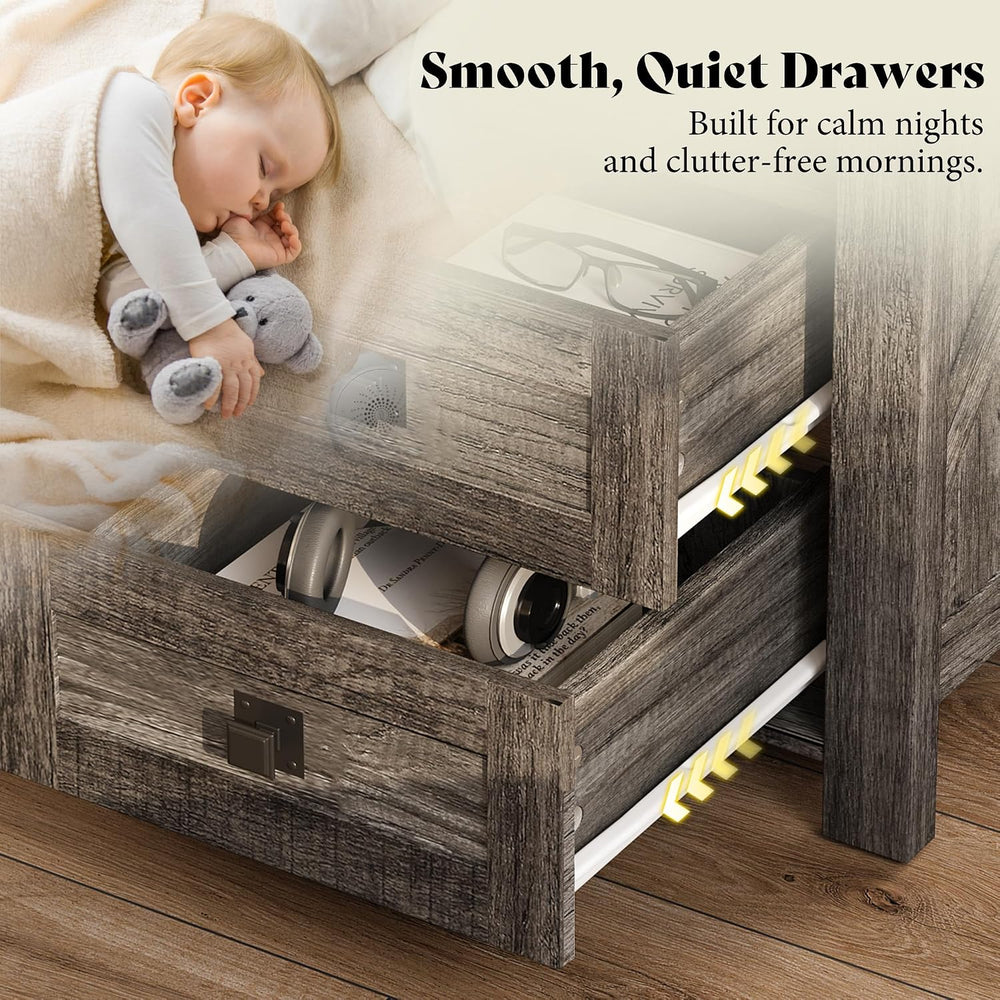 AMERLIFE Farmhouse Wood Nightstand Set of 2, End Table with Drawers, Grey | N...