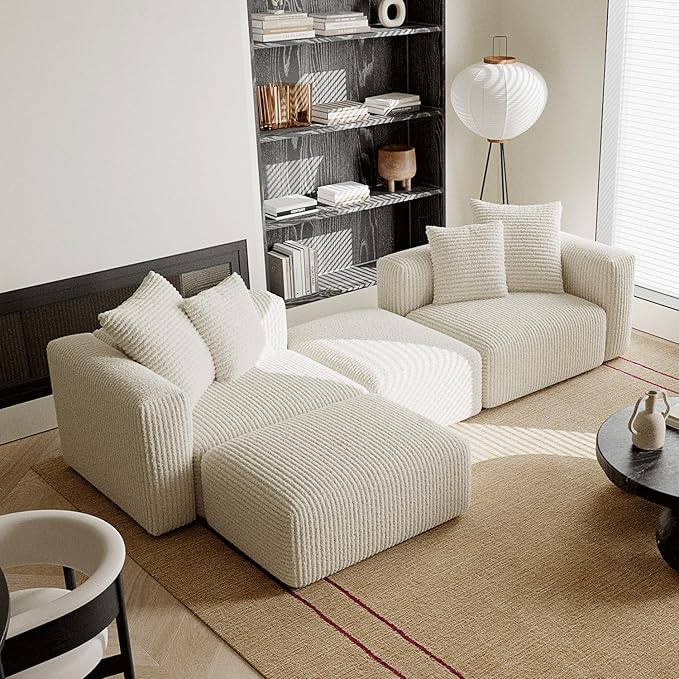 Acanva Corduroy Convertible Modular L Shaped Sectional Sofa, 4 Seater Free Combination Corner Couch, Convertible to DayBed, Wide Loveseat with Moveable Ottomans for Small Spaces, Sleeper Bed, White