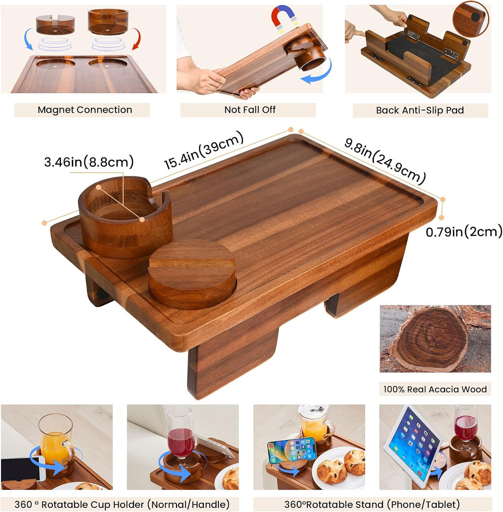 GEHE Real Acacia Wood Couch Armrest Table, 15.4"x9.8" Couch Arm Tra...