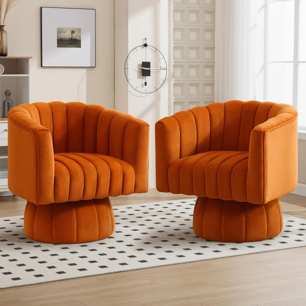 Swivel Accent Barrel Chair, Cute Comfy Small Round 360° Arm Chair, Velvet Sofa Club Reading Chair for Living Room, Bedroom, Office, Orange