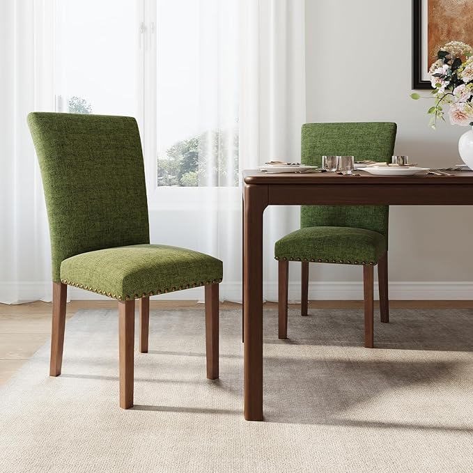 Stylish Dining Chairs Set of 2, Upholstered Parsons Dining Room Chair with Nailhead Trim, Kitchen Room Chair with Thick Cushions and Wood Legs, Nailhead Trim, Green