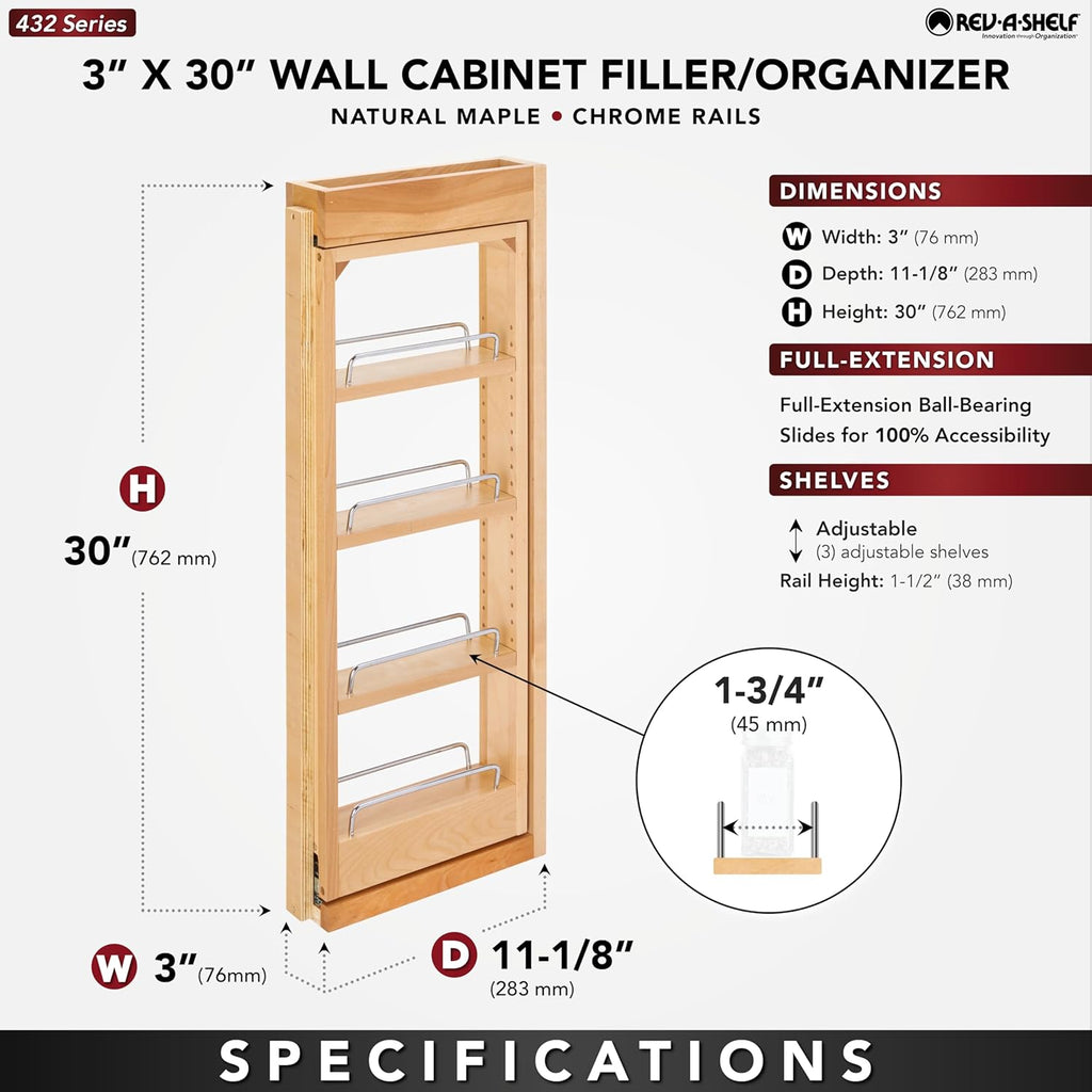 Rev-A-Shelf 3"W x 30"H Pullout Shelf Organizer for Between Wall Kitchen Cabinets, Filler Spice Rack & Seasoning Storage Holder, Maple Wood, 432-WF-3C
