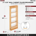 Rev-A-Shelf 3"W x 30"H Pullout Shelf Organizer for Between Wall Kitchen Cabinets, Filler Spice Rack & Seasoning Storage Holder, Maple Wood, 432-WF-3C