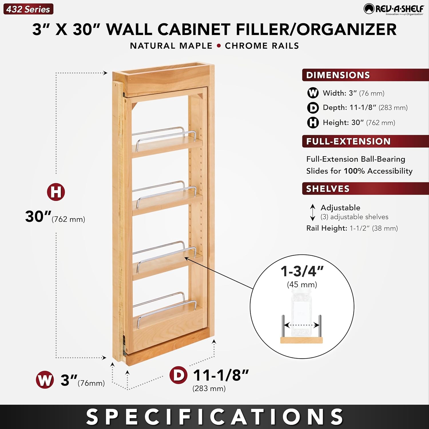 Rev-A-Shelf 3"W x 30"H Pullout Shelf Organizer for Between Wall Kitchen Cabinets, Filler Spice Rack & Seasoning Storage Holder, Maple Wood, 432-WF-3C