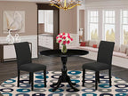 East West Furniture DMAB3-ABK-24 3 Piece Modern Dining Table Set Contains a Round Wooden Table with Dropleaf and 2 Black Color Linen Fabric Upholstered Chairs, 42x42 Inch, Wirebrushed Black