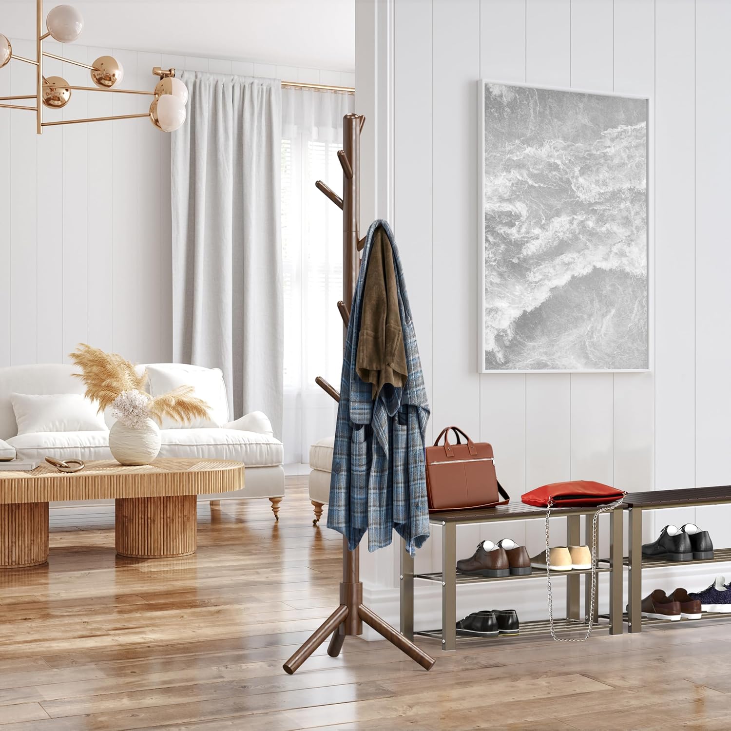 Simple Houseware Wooden Coat Rack Stand Garment Adjustable Tree Rack, 9 Hooks, Walnut