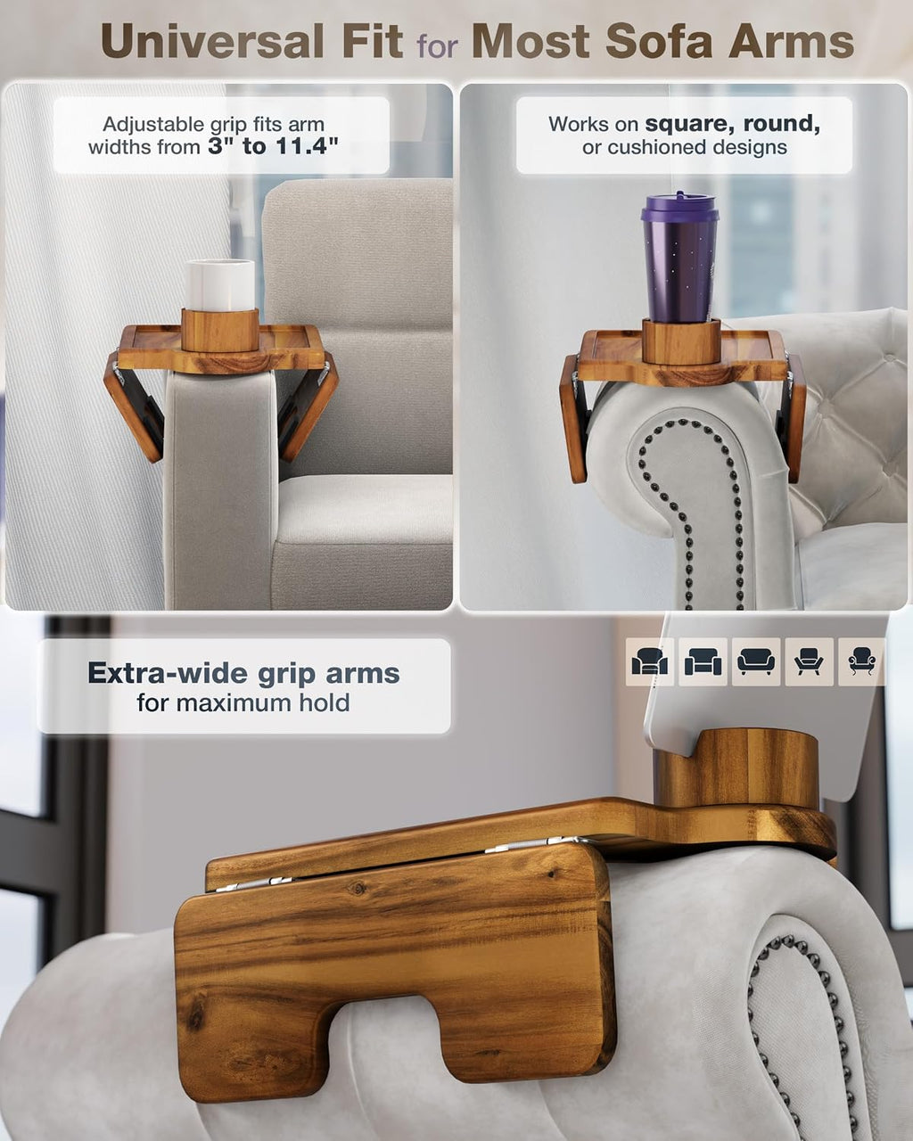 Bluewest 3-in-1 Couch Cup Holder Tray & Sofa Arm Tray, Acacia, 16 x 9.8 in | Clip-on side table with 360-degree cup holder, double SS304 hinges and non-slip design for TV dinners, remotes and drinks.