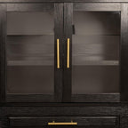 Farmhouse Tall Arched Kitchen Pantry Cabinet with Glass Barn Door – Adjustable Shelves & Built-in Racks for Dining Room & Living Room Storage (Black)