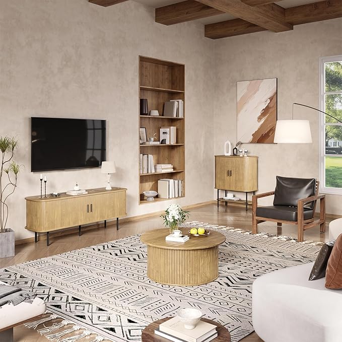 55''W Natural TV Stand Cabinet with Storage for TVs up to 60 Inch, Fluted TV Entertainment Center with Slatted Tambour Doors, Media Console for Living Room, Entryway