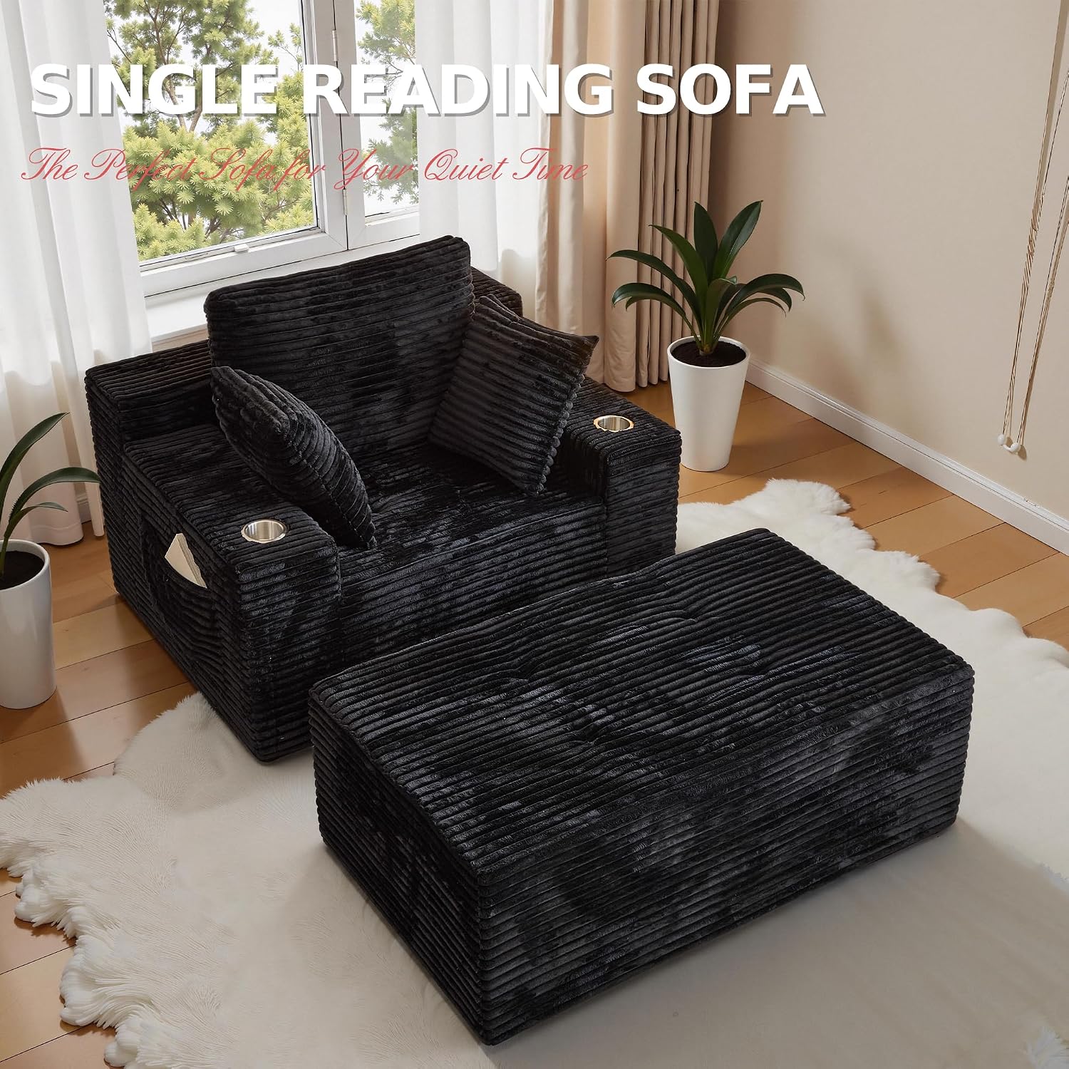 66" Chaise Lounge Chair Indoor,Oversized Boneless Single Sleeeper Couch Bed,Cloud Sofa with 3 Soft Pillows for Livingroom,Bedroom,No Assembly (Black, 66inch)