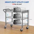 YNN Utility Rolling Cart,990Lbs 3 Tier Heavy Duty Metal Cart with Wheels & Handle NSF Wheeled Cart 31" D x 18" W x 33" H for Bedroom, Bathroom, Kitchen,Garden,Decor,Serving