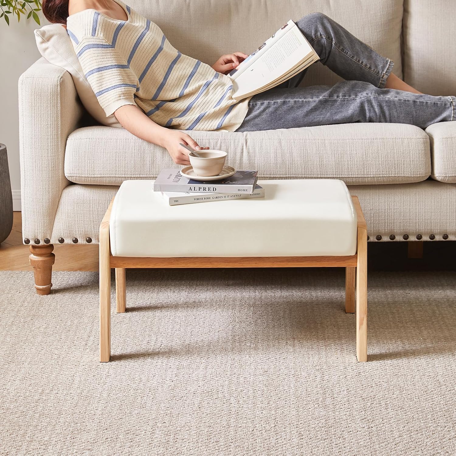 IBUYKE 14.2” H Large Foot Stool Ottoman, Rectangle PU Faux Leather Foot Rest with Padded Seat and Wood Legs, Modern Ottoman Foot Rest for Accent Chair Living Room Bedroom Couch Office, White WBD031W